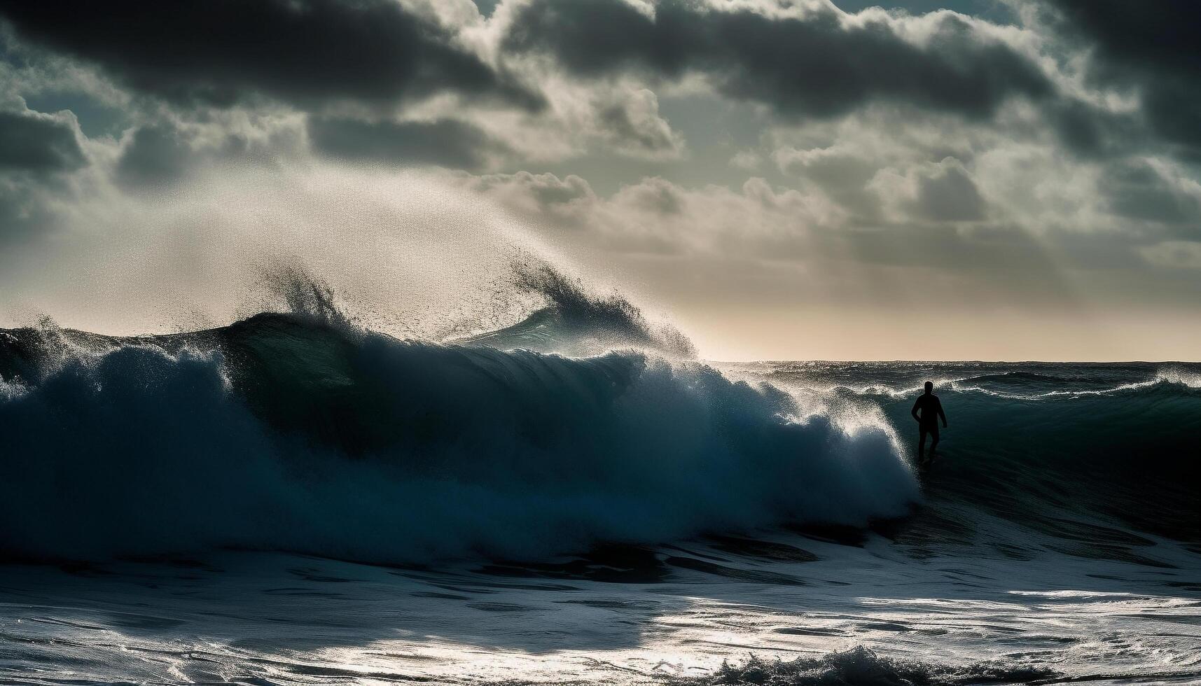 AI generated Men surf danger, breaking waves, spray silhouette, wet sand motion generated by AI photo