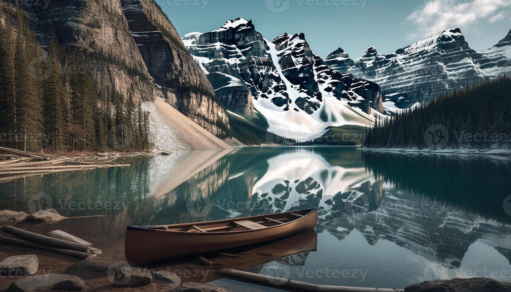 AI generated Majestic Rocky Mountains reflect tranquil Moraine Lake in Alberta generated by AI photo