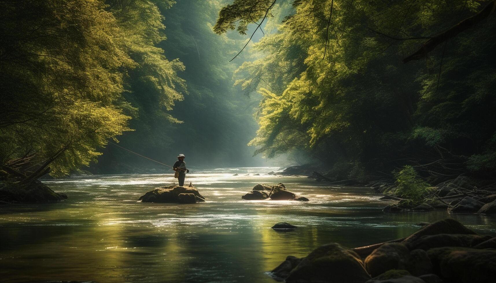 AI generated One person hiking in the forest, surrounded by nature beauty generated by AI photo