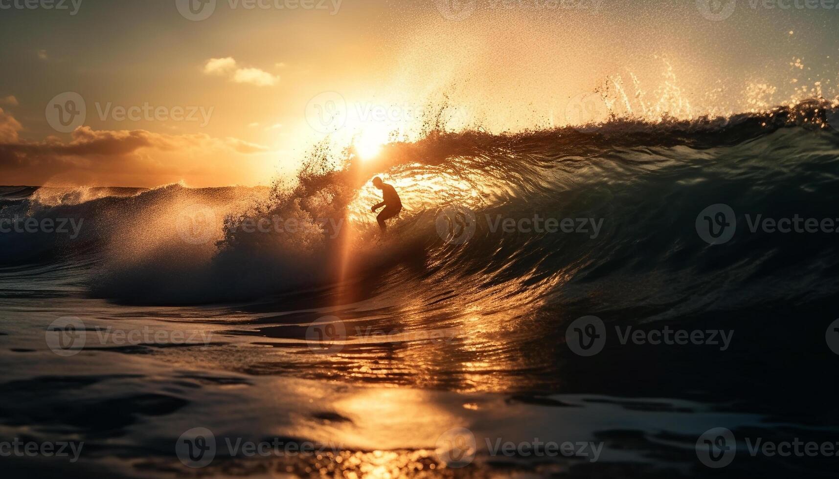 AI generated Surfing men enjoy sunset waves, water splashing, and outdoor fun generated by AI photo