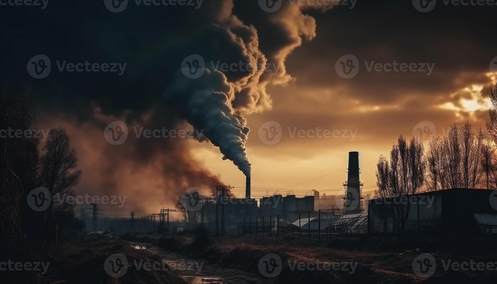 AI generated Factory smoke pollutes nature, damages environment, and endangers air quality generated by AI photo