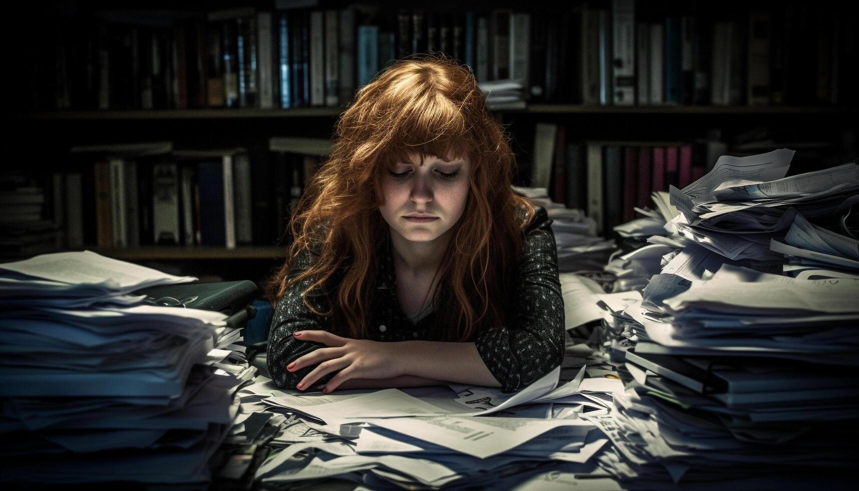 AI generated One woman studying, frustrated, surrounded by messy books and papers generated by AI photo