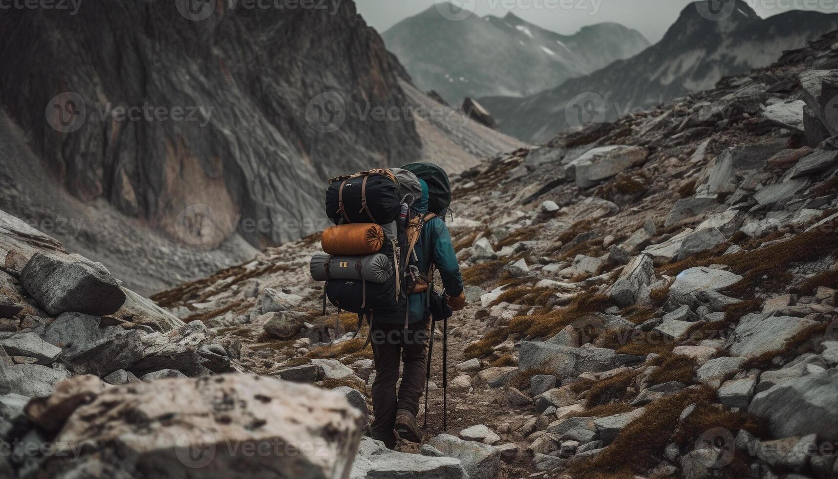 AI generated One person hiking, exploring nature, climbing mountains, enjoying outdoor adventure generated by AI photo