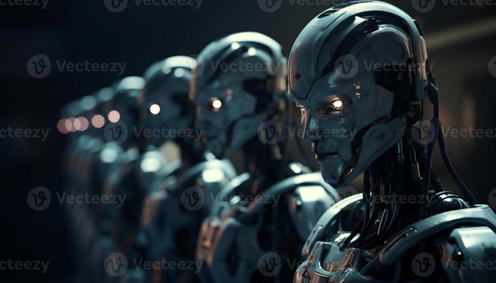 AI generated Futuristic cyborg armed forces in dark machinery, standing in formation generated by AI photo