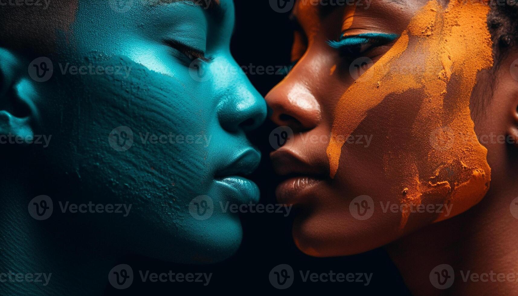 AI generated Young adults in love, eyes closed, beautiful, abstract, shiny portrait generated by AI photo