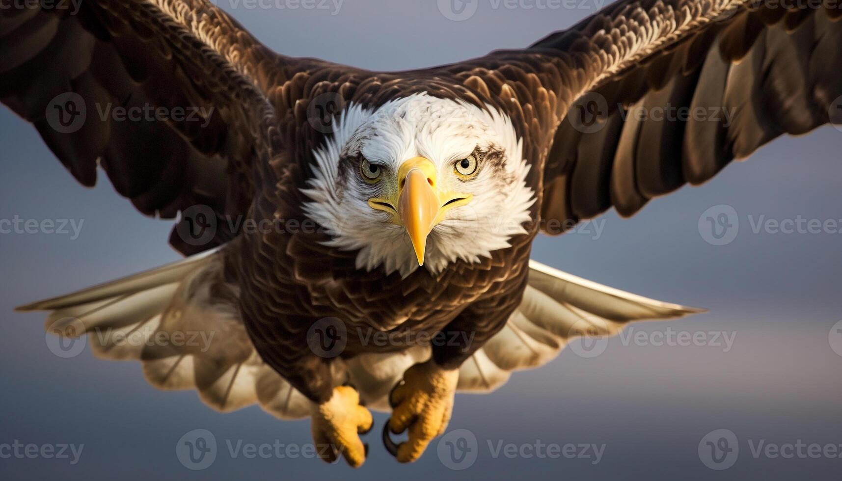 AI generated Majestic bald eagle flying freely, its beak focused on prey generated by AI photo