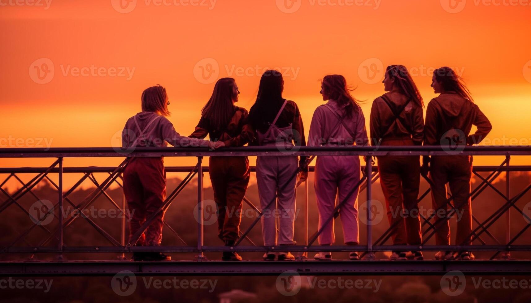 ai generado grupo de personas en pie al aire libre, disfrutando atardecer, unión y hablando generado por ai foto