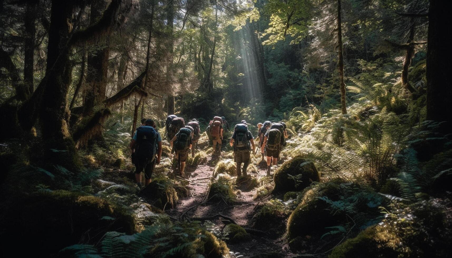 AI generated Group of people hiking in a beautiful mountain forest generated by AI photo