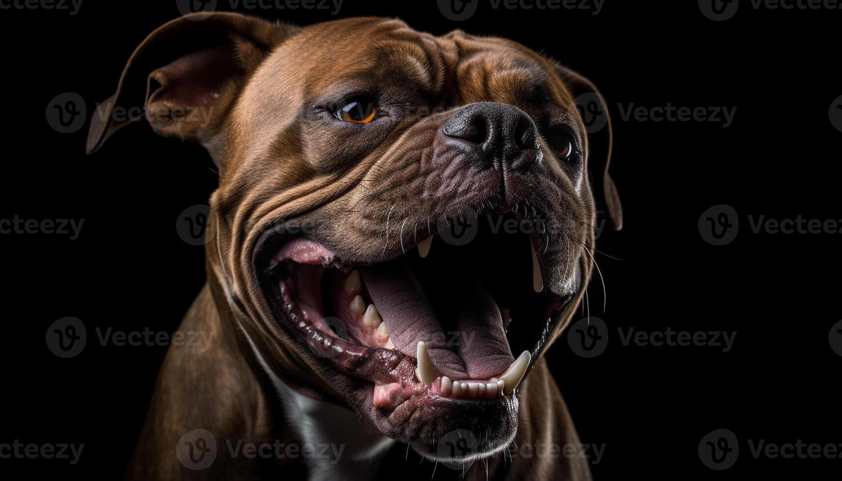 AI generated Cute bulldog puppy sitting, looking at camera, tongue out, smiling generated by AI photo