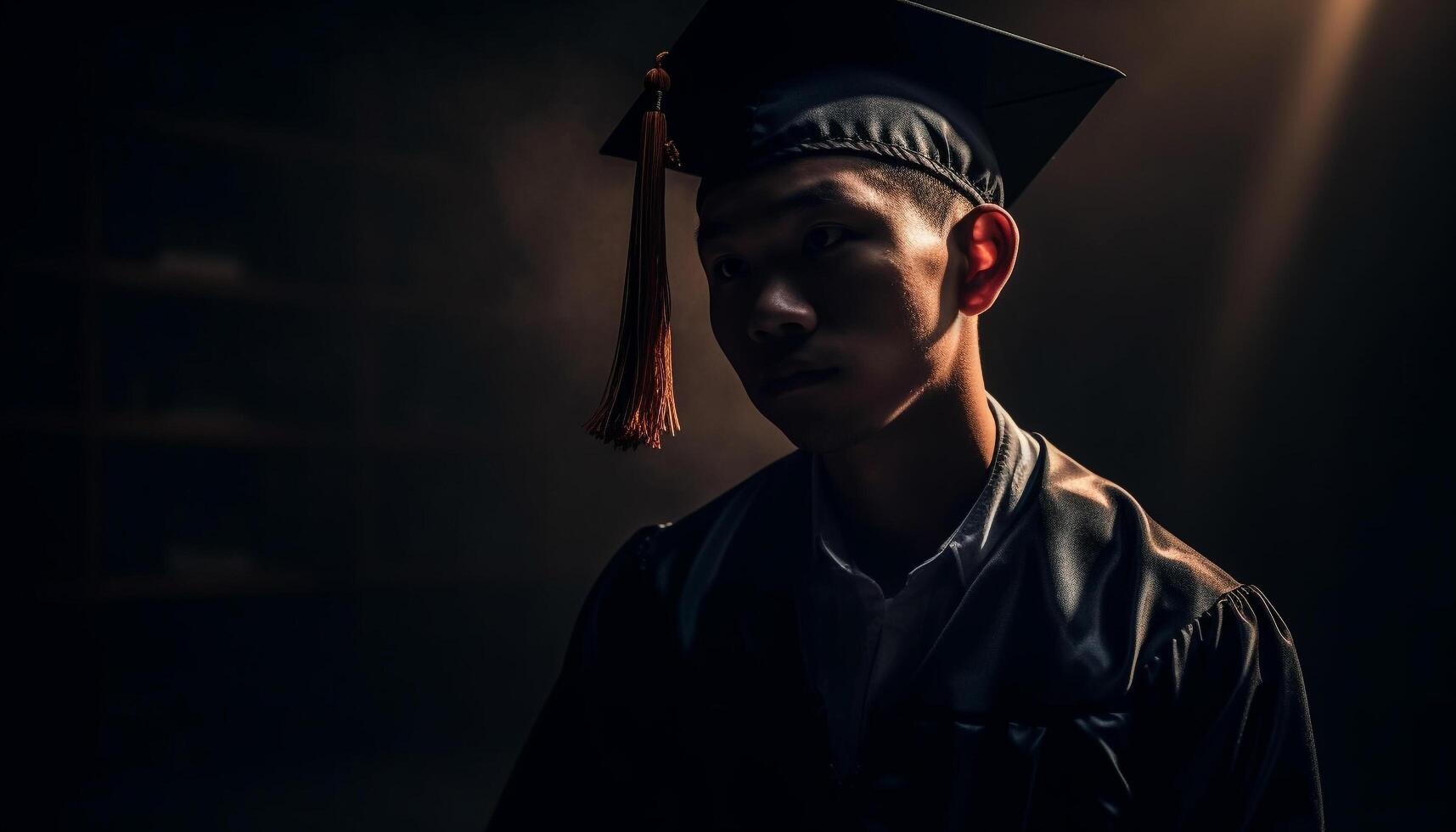 AI generated Young man in graduation gown smiling confidently, celebrating his achievement generated by AI photo