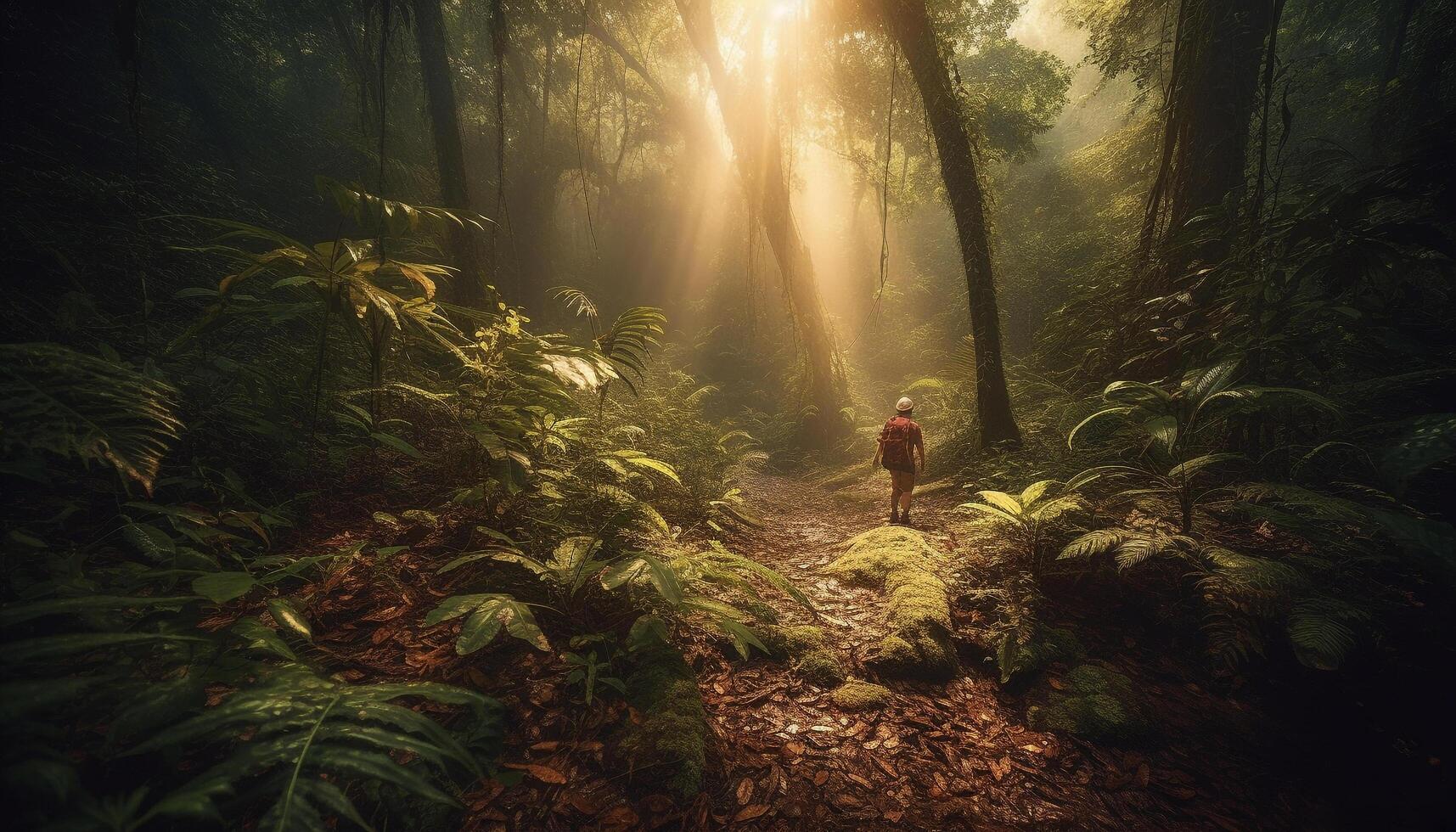 AI generated One person hiking in the forest, enjoying the outdoors generated by AI photo