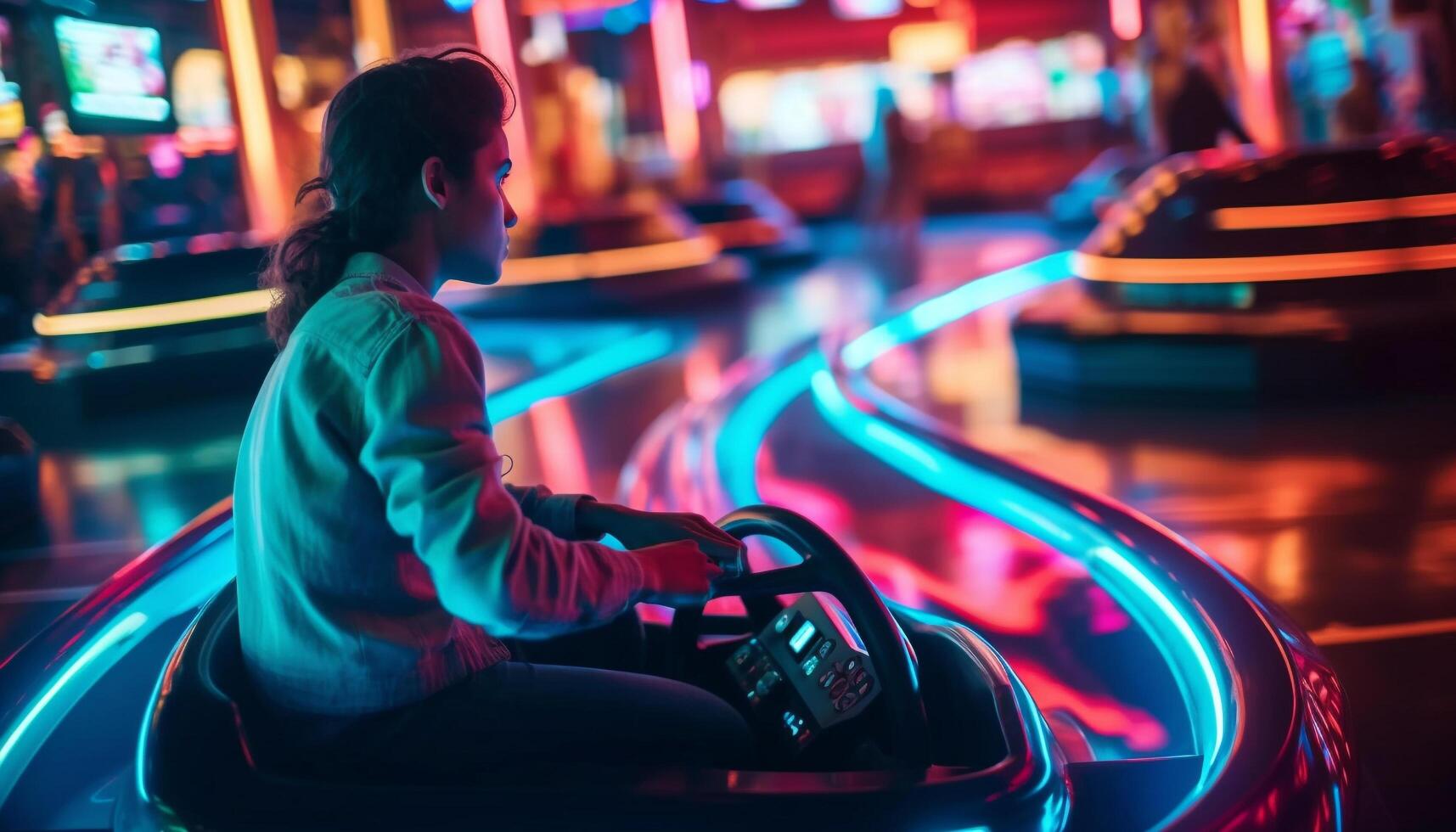 ai generado uno persona conducción coche a noche, disfrutando el iluminado ciudad generado por ai foto