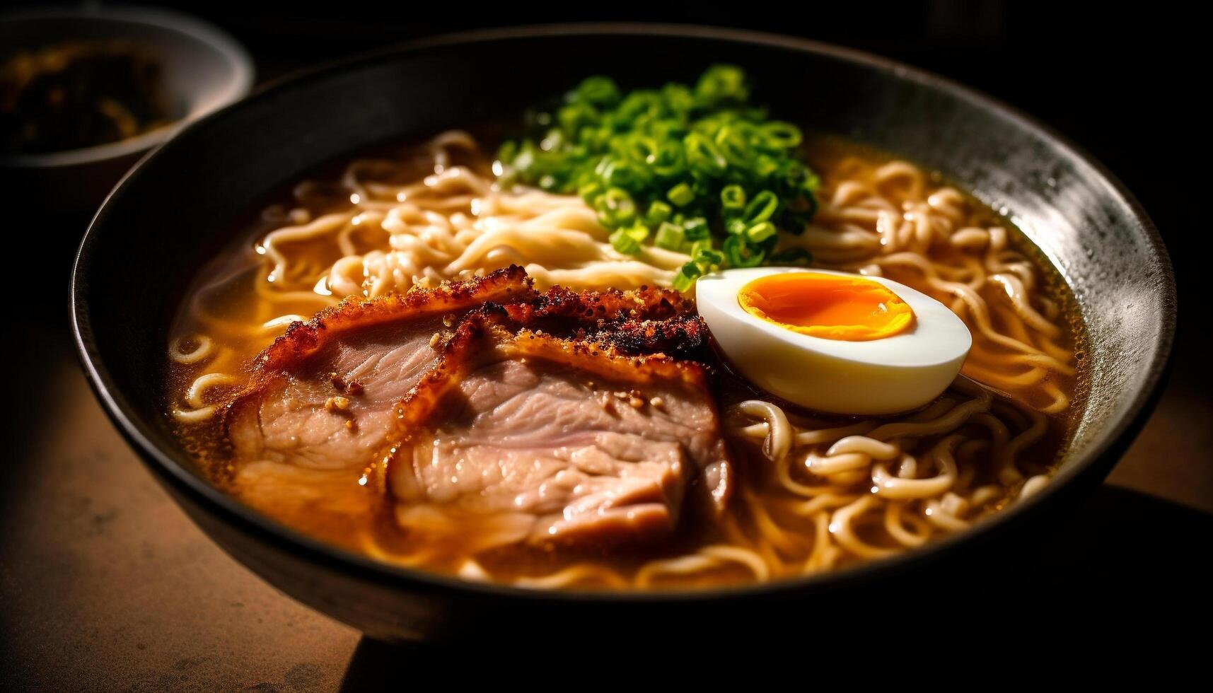 AI generated Bowl of ramen noodles, pork, and vegetables, ready to eat generated by AI photo