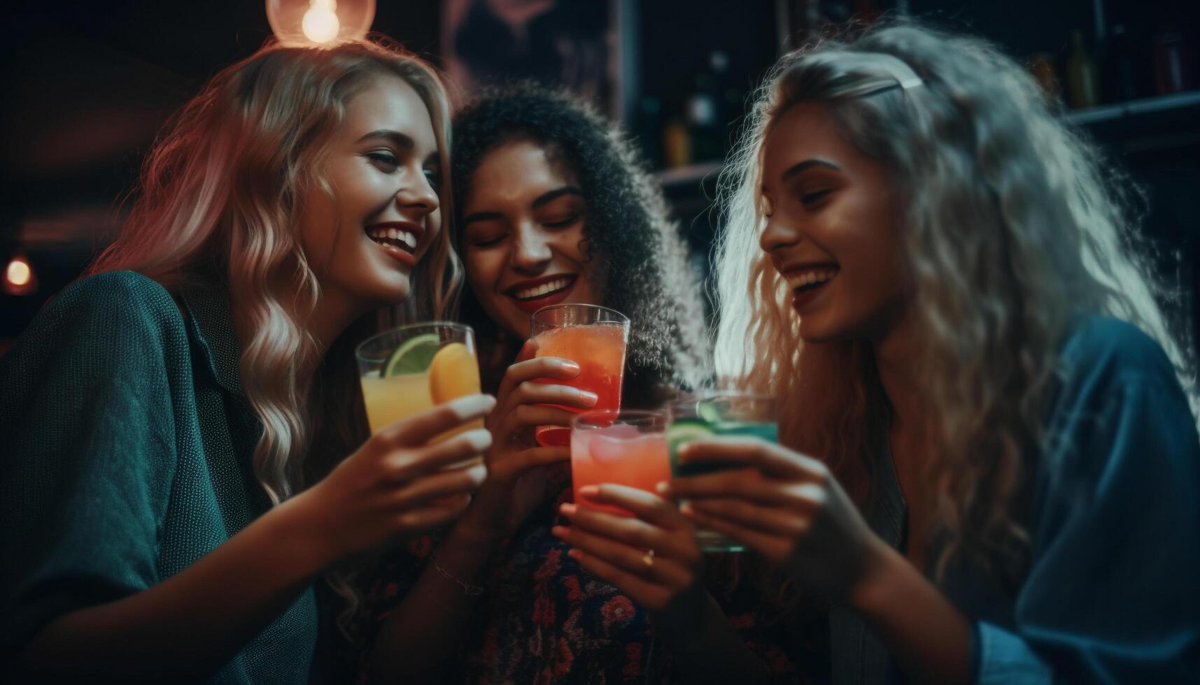 AI generated Young adults enjoying nightlife, smiling and drinking in a bar generated by AI photo