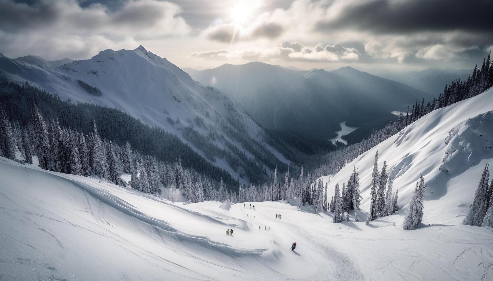 ai generado invierno montaña paisaje esquiar, Snowboarding, aventuras en naturaleza generado por ai foto