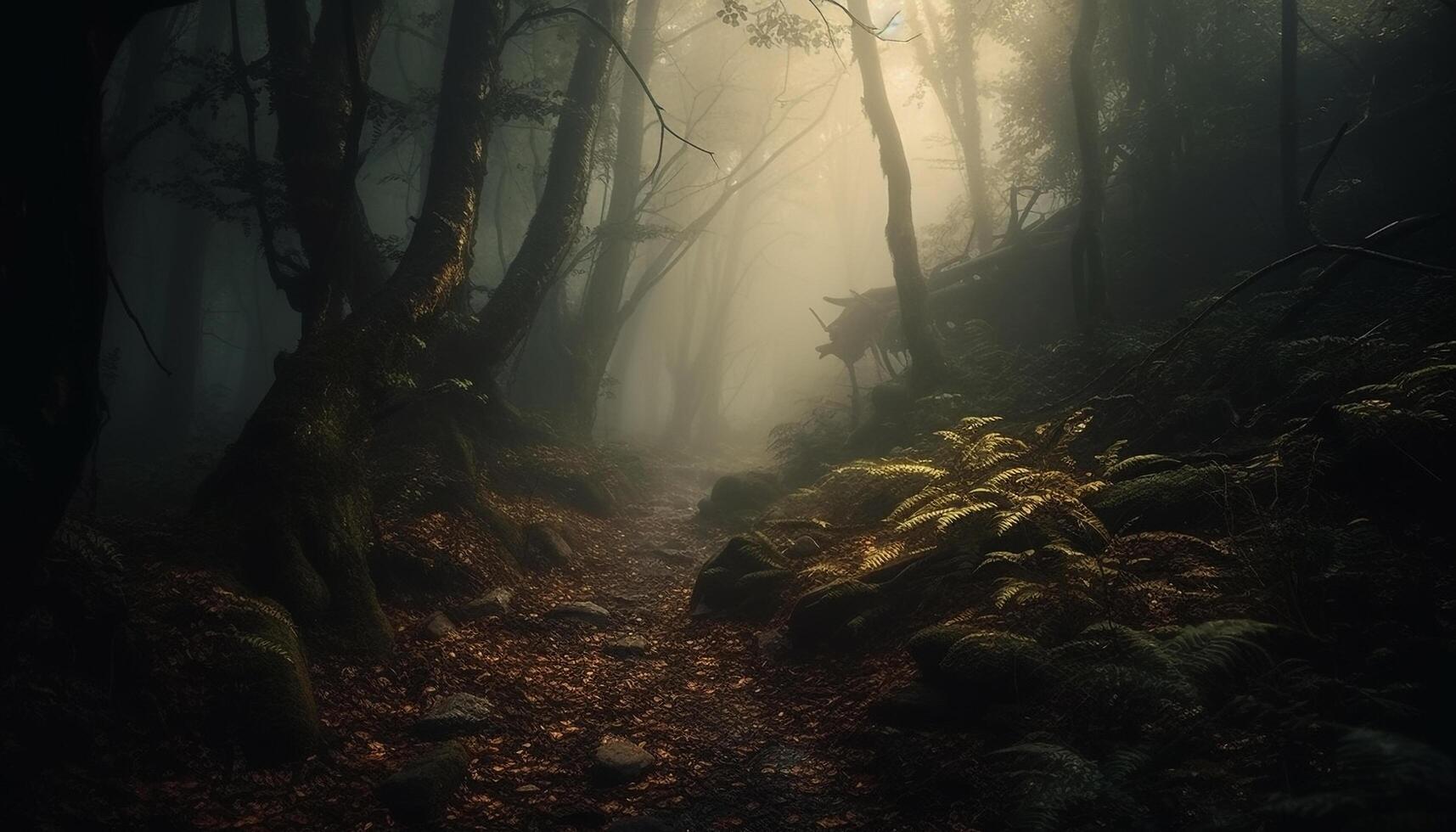 AI generated Mysterious autumn forest, foggy footpath, spooky tree, dark beauty generated by AI photo
