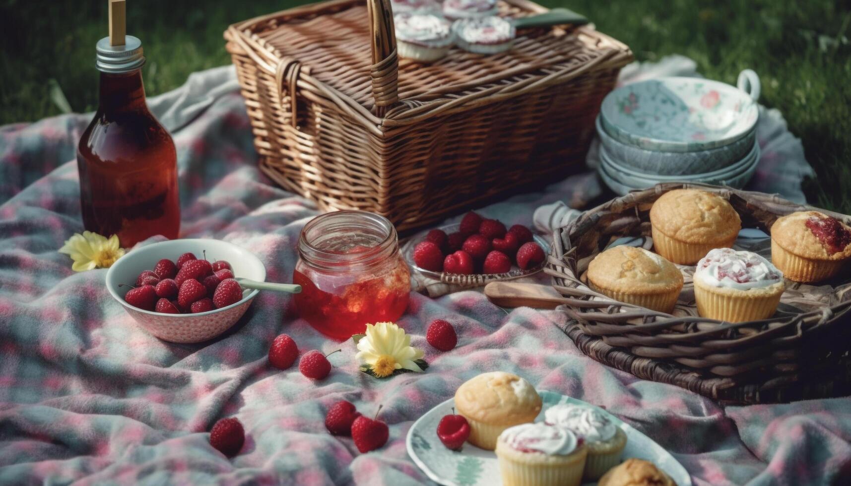 ai generado hecho en casa picnic Fresco fruta, dulce bayas, rústico pan, refrescante bebida generado por ai foto