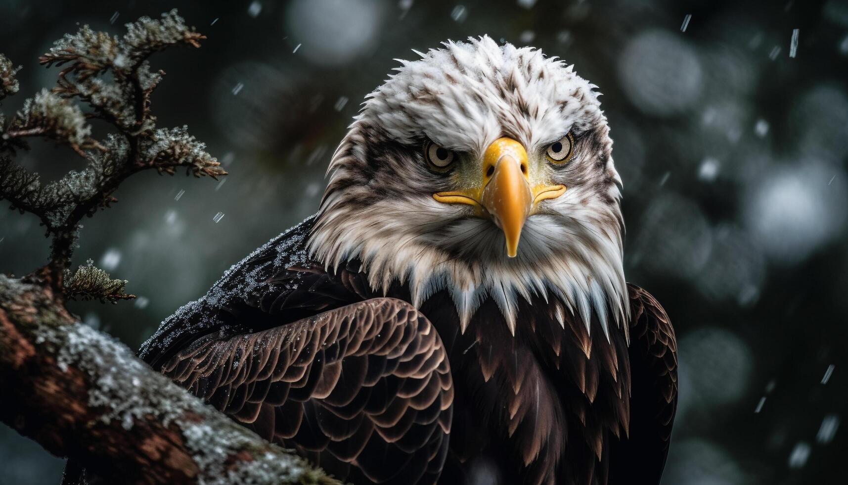 AI generated Majestic hawk perching on branch, looking at tranquil winter forest generated by AI photo