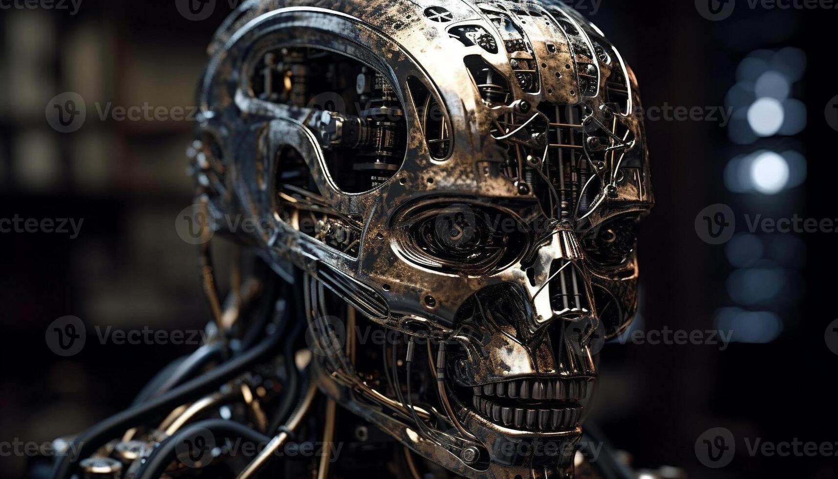 AI generated Futuristic robot skull, death dark portrait, evil machinery in focus generated by AI photo