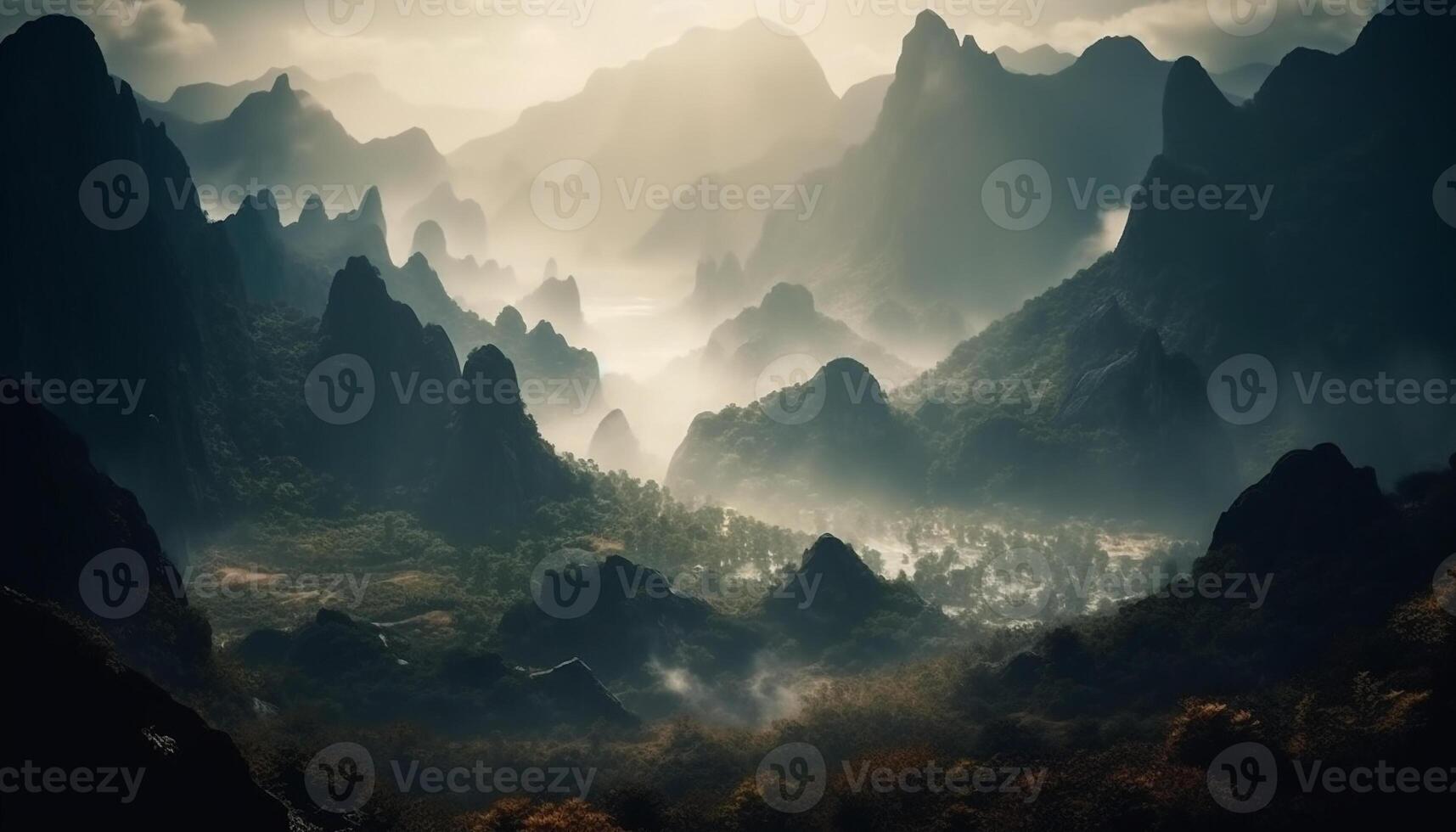 AI generated Majestic mountain peak, foggy cliff, sky tranquil beauty generated by AI photo