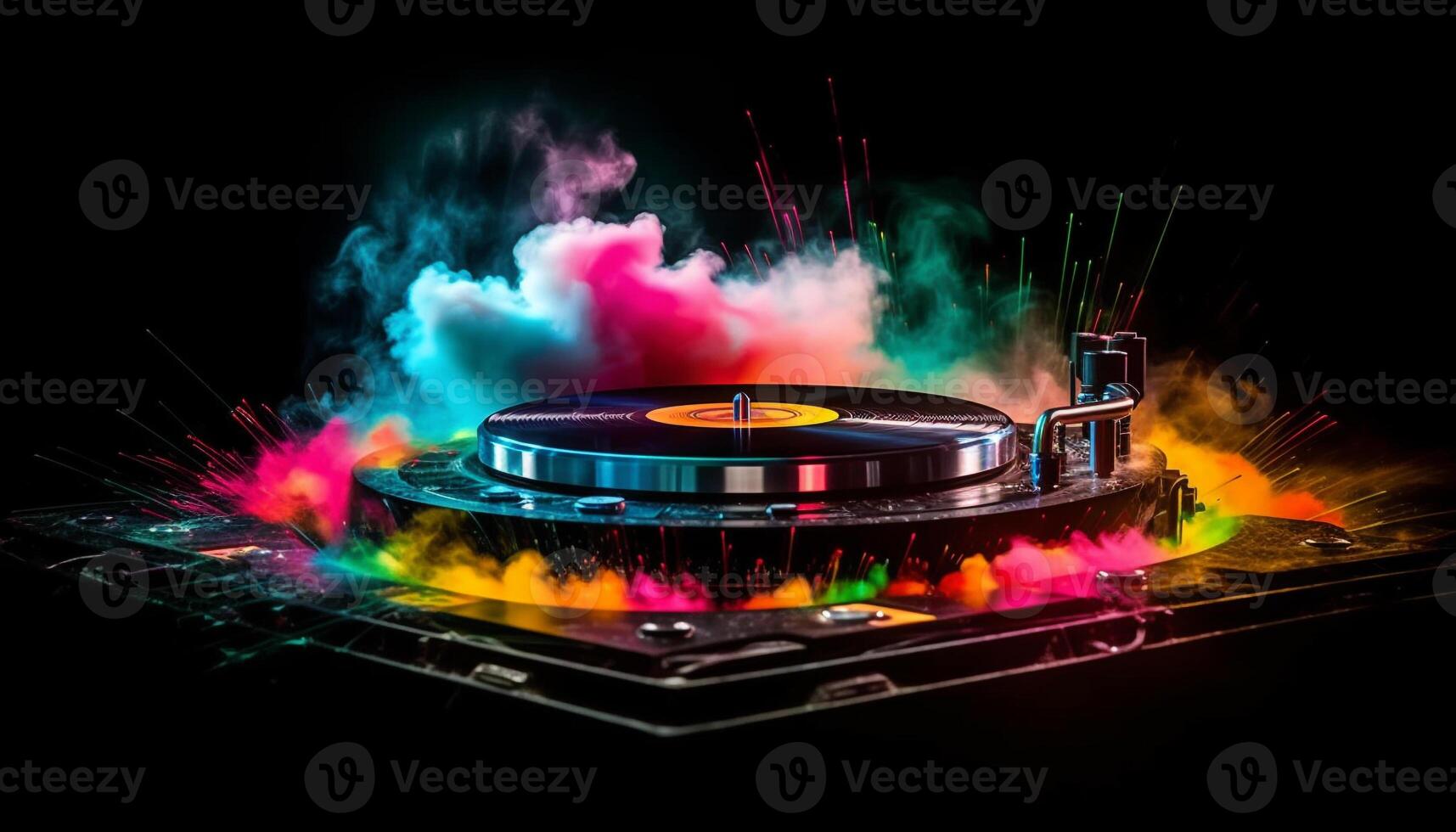 AI generated Nightclub party DJ spinning, colorful lights, dancing, explosive energy generated by AI photo