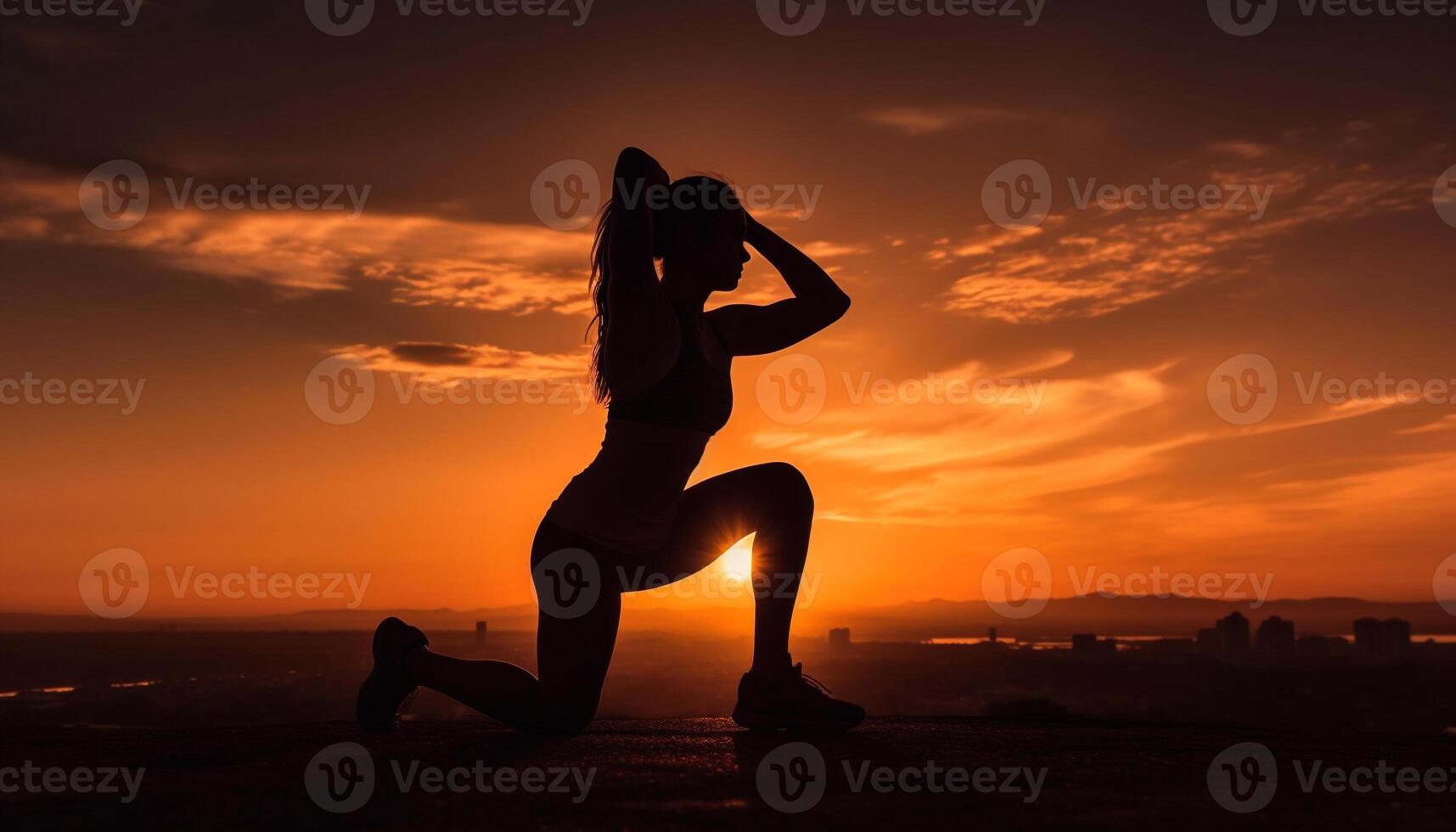 ai generado joven mujer practicando yoga a atardecer, abrazando naturaleza tranquilo belleza generado por ai foto