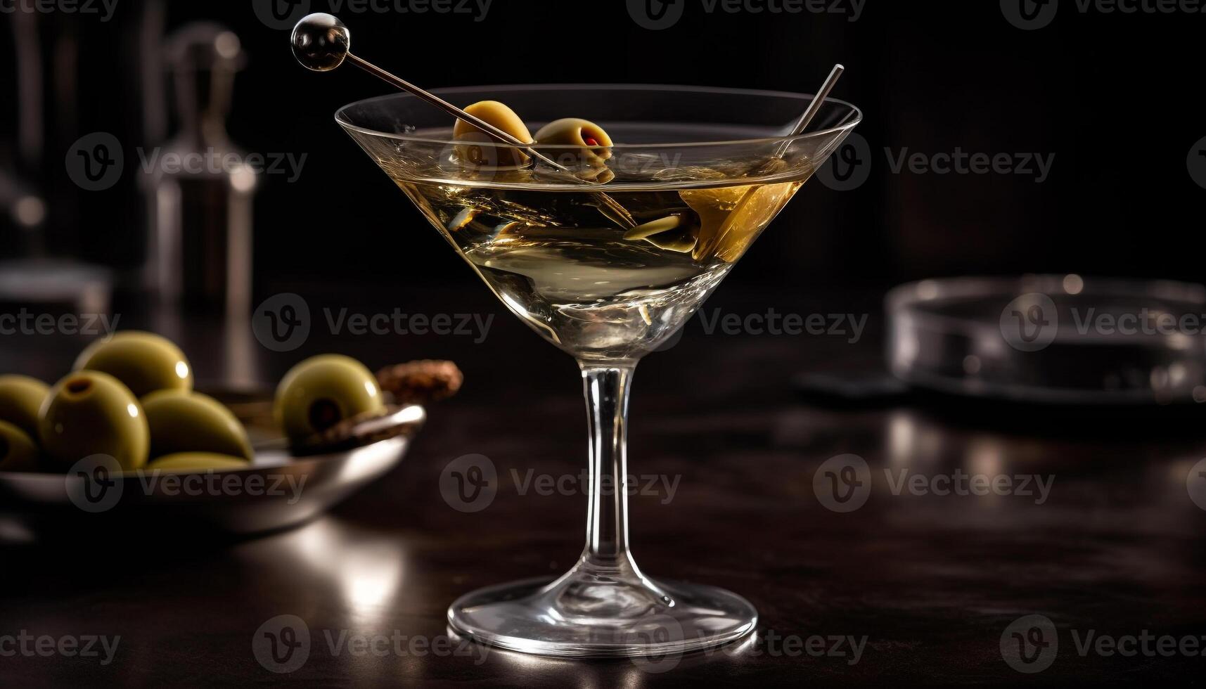 AI generated Refreshing martini drink with olive garnish on a wooden table generated by AI photo