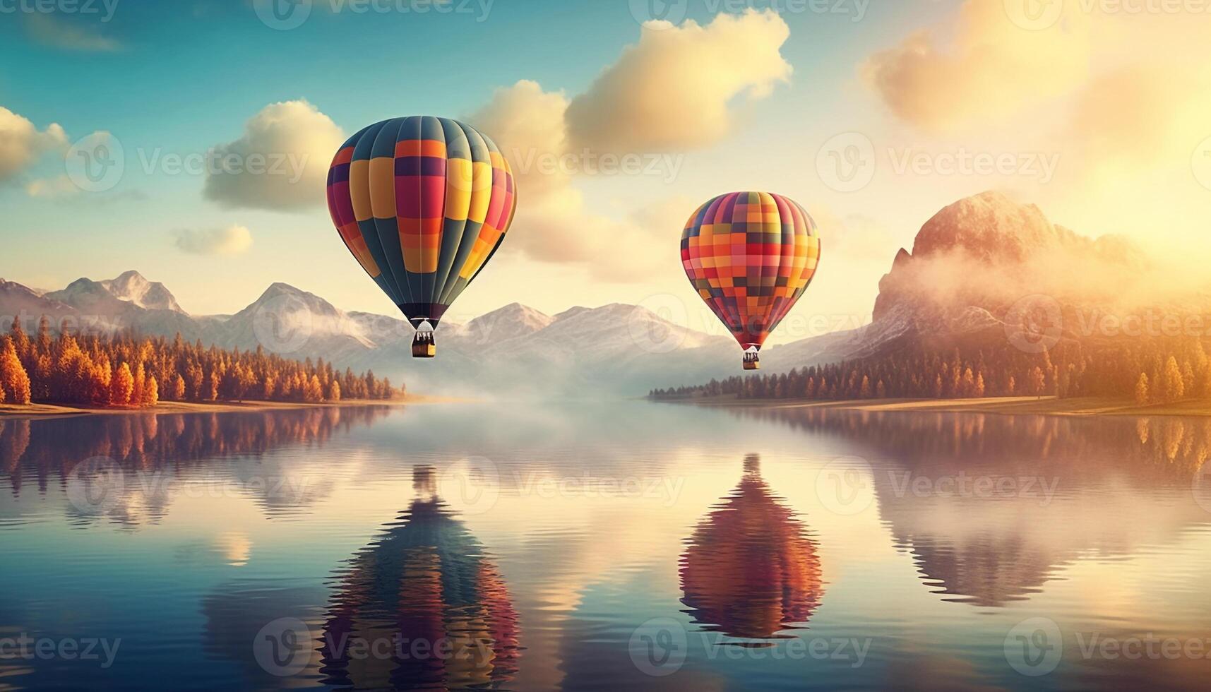 ai generado caliente aire globo volador terminado tranquilo montaña paisaje generado por ai foto