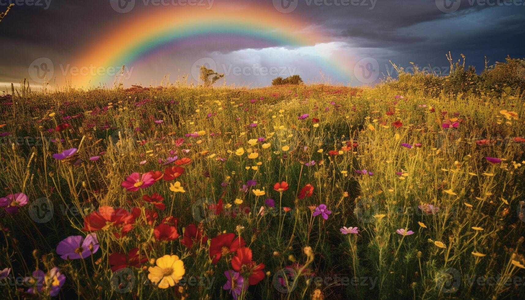 AI generated Vibrant meadow blossoms in summer, rainbow colors paint the sky generated by AI photo