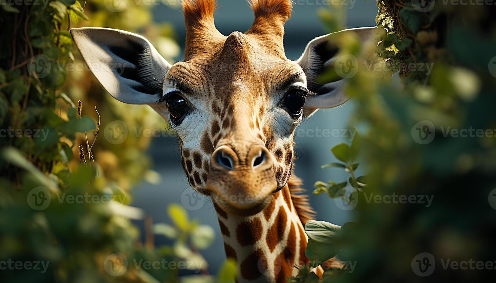 AI generated Giraffe standing in the grass, looking cute and majestic generated by AI photo