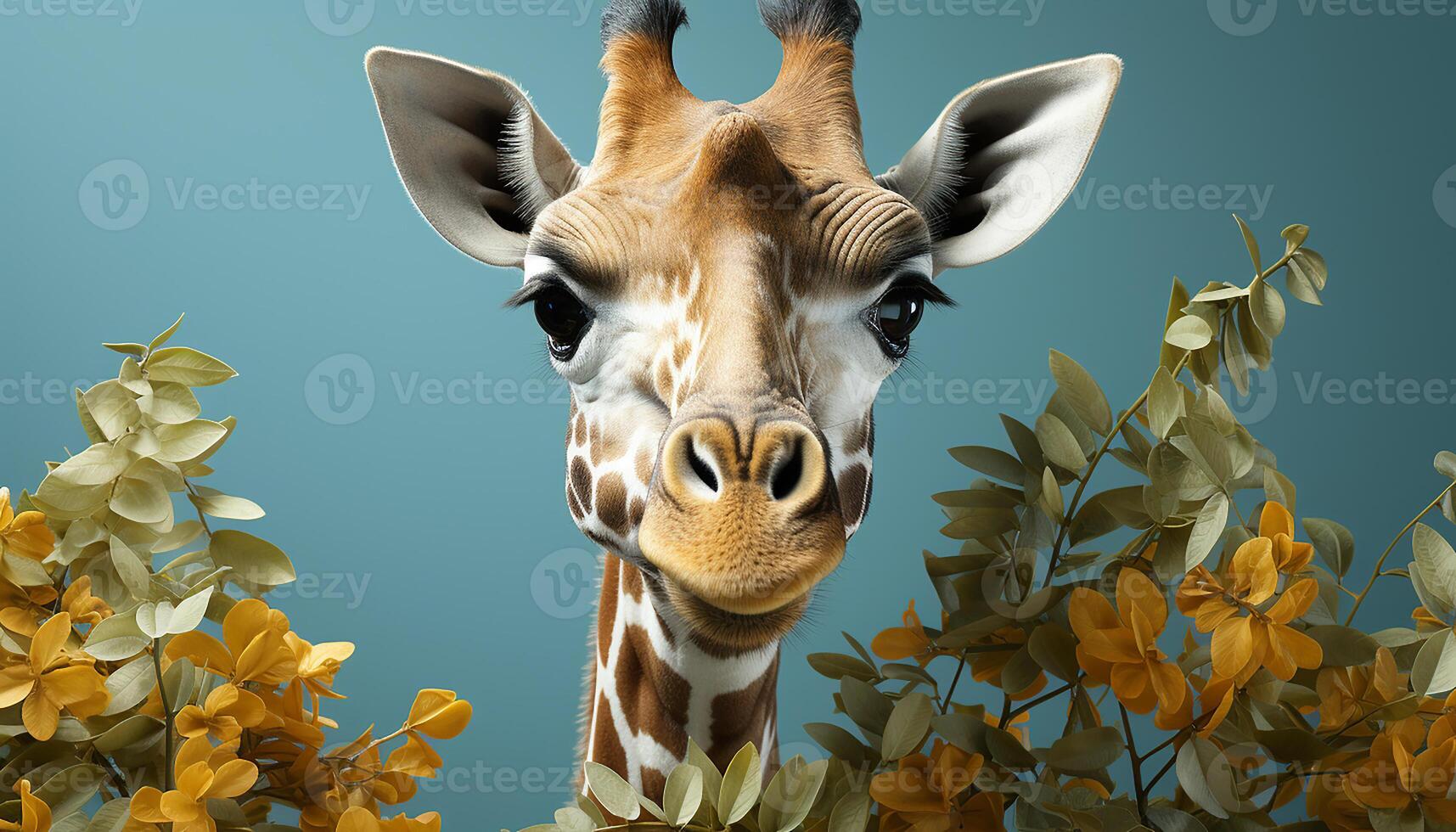 AI generated Cute giraffe grazing on green meadow, looking at camera generated by AI photo