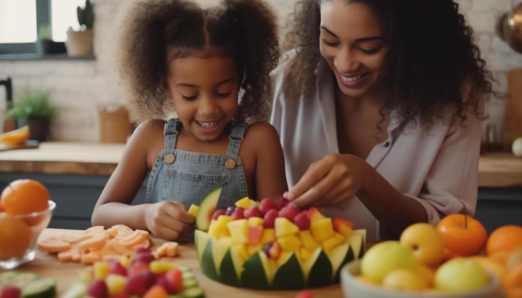 ai generado sonriente madre y hija preparando sano comida en cocina generado por ai foto