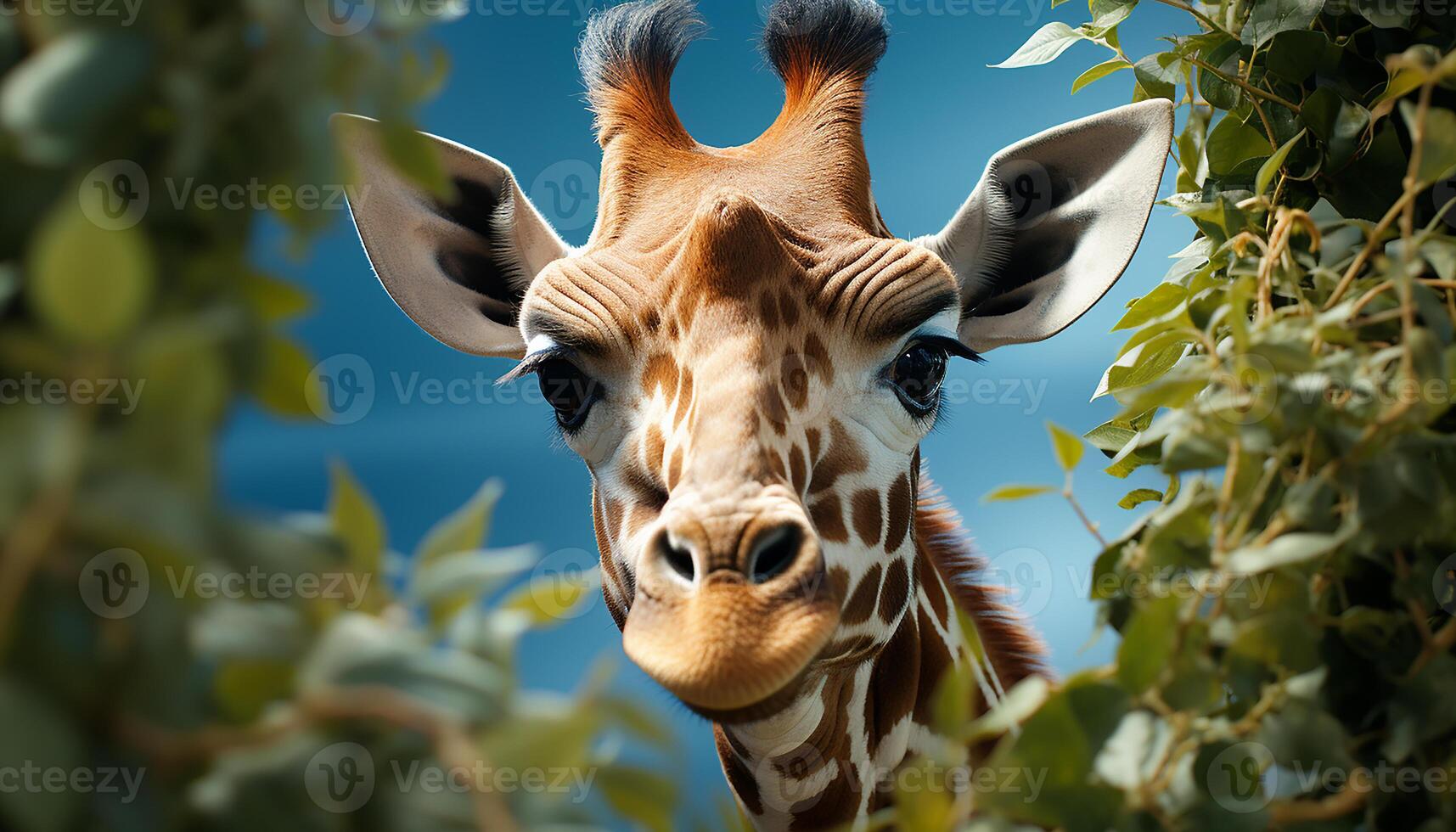 AI generated Giraffe in nature, looking cute, spotted, grazing in meadow generated by AI photo