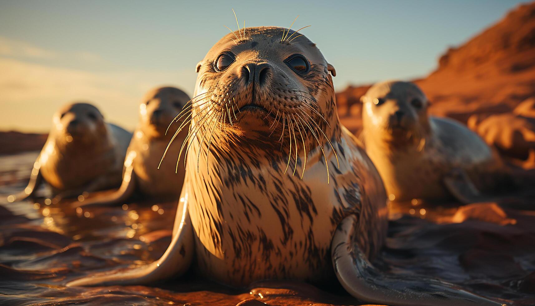 AI generated Cute seal pup playing in the water at sunset generated by AI photo