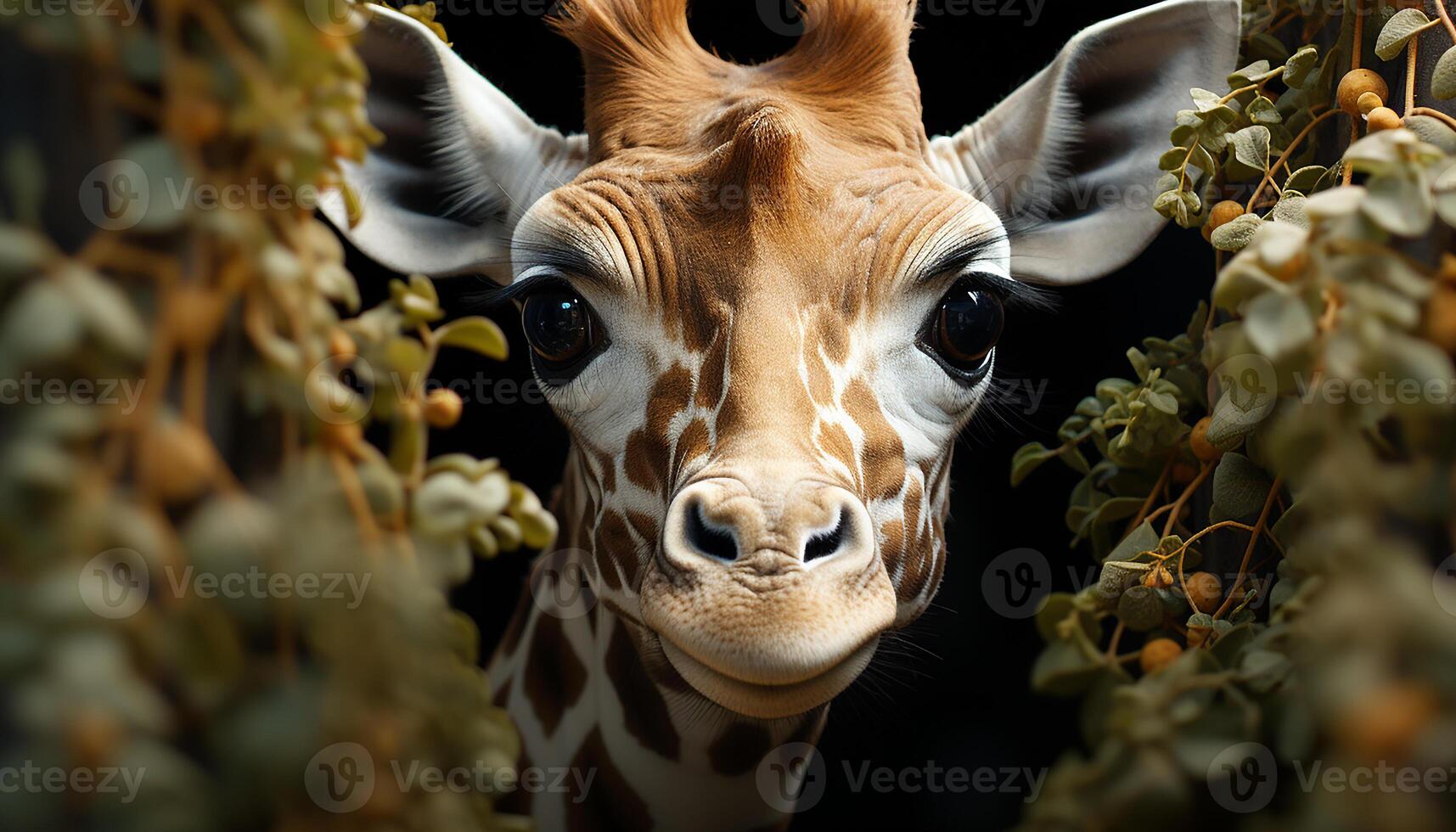 AI generated Cute giraffe looking at camera in green grassy meadow generated by AI photo