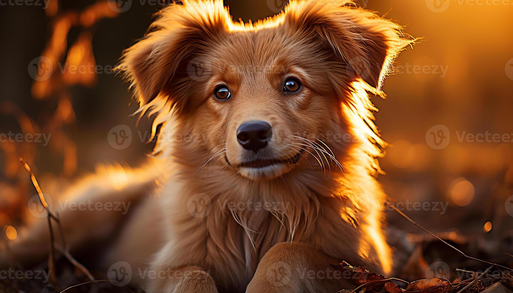 AI generated Cute puppy sitting in grass, looking at camera, enjoying nature generated by AI photo