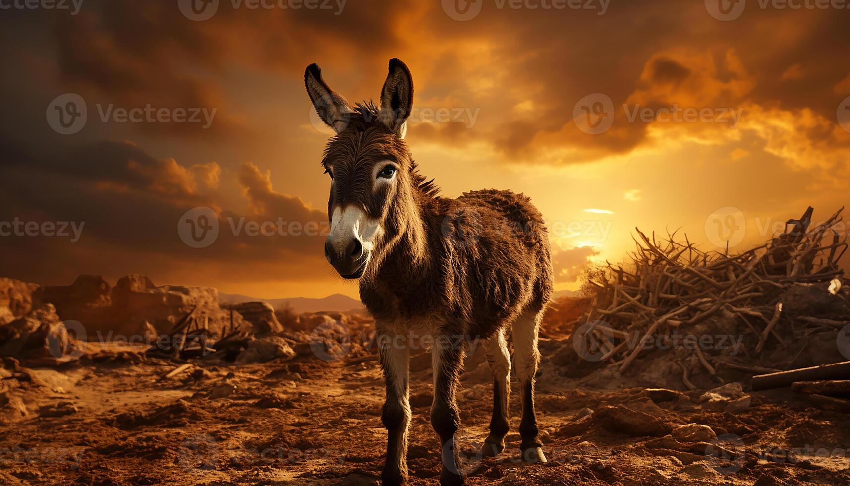 AI generated Cute donkey grazing in the meadow at sunset generated by AI photo