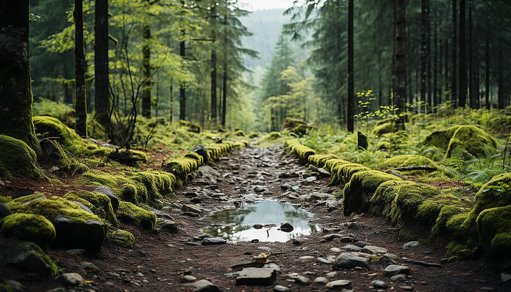 ai generado tranquilo escena verde bosque, montaña, agua, otoño, senderismo, silencio generado por ai foto