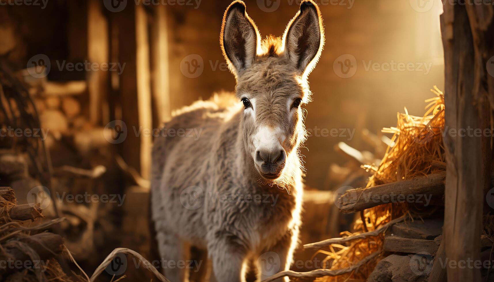 AI generated Cute donkey and goat grazing in the rural meadow generated by AI photo