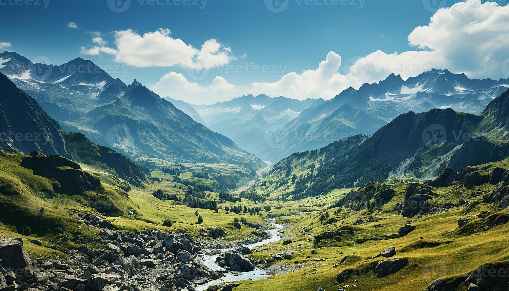 AI generated Majestic mountain peak, green meadow, tranquil sky, and serene forest generated by AI photo