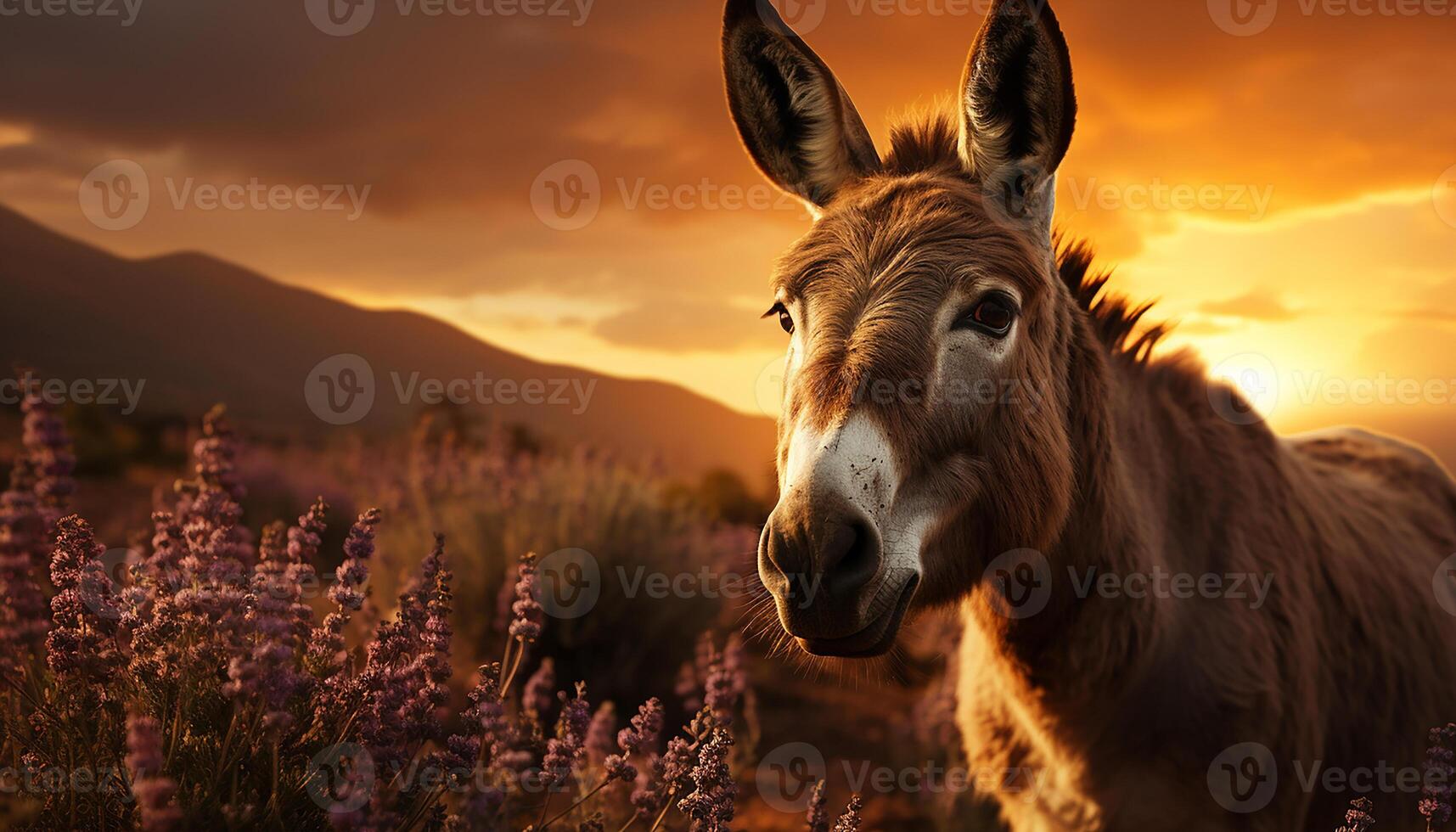 AI generated Cute donkey grazing in meadow, enjoying the beautiful sunset generated by AI photo