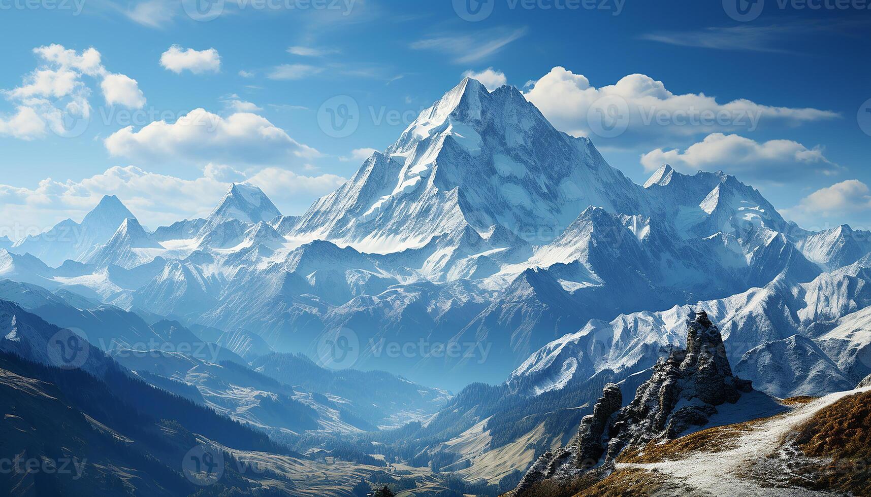 ai generado majestuoso montaña cima, nieve cubierto, rodeado por panorámico naturaleza generado por ai foto