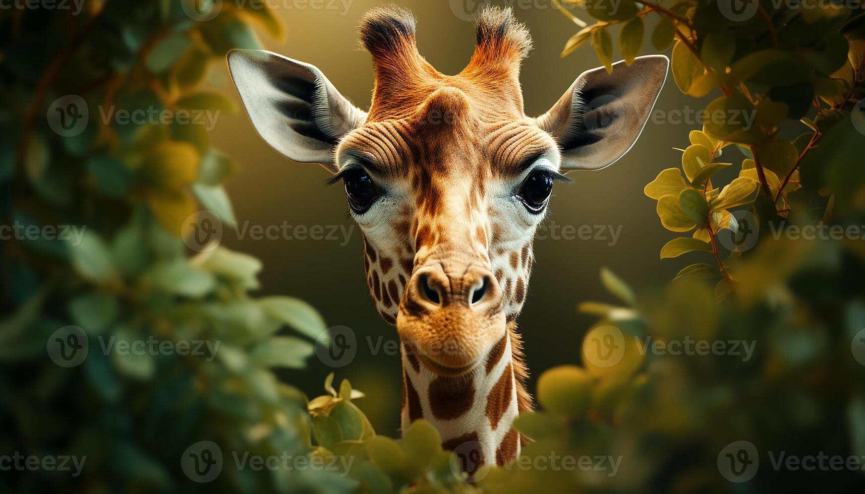 AI generated Cute giraffe looking at camera in green meadow generated by AI photo