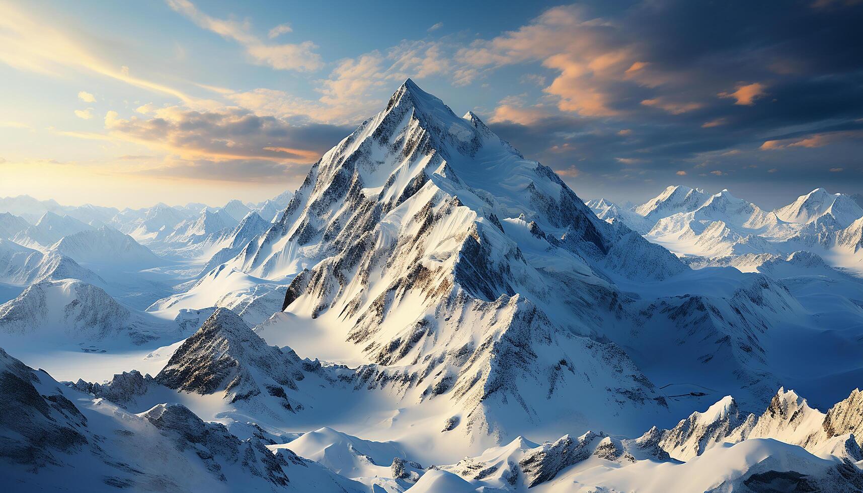 AI generated Majestic mountain peak, winter landscape, tranquil scene, frozen beauty generated by AI photo