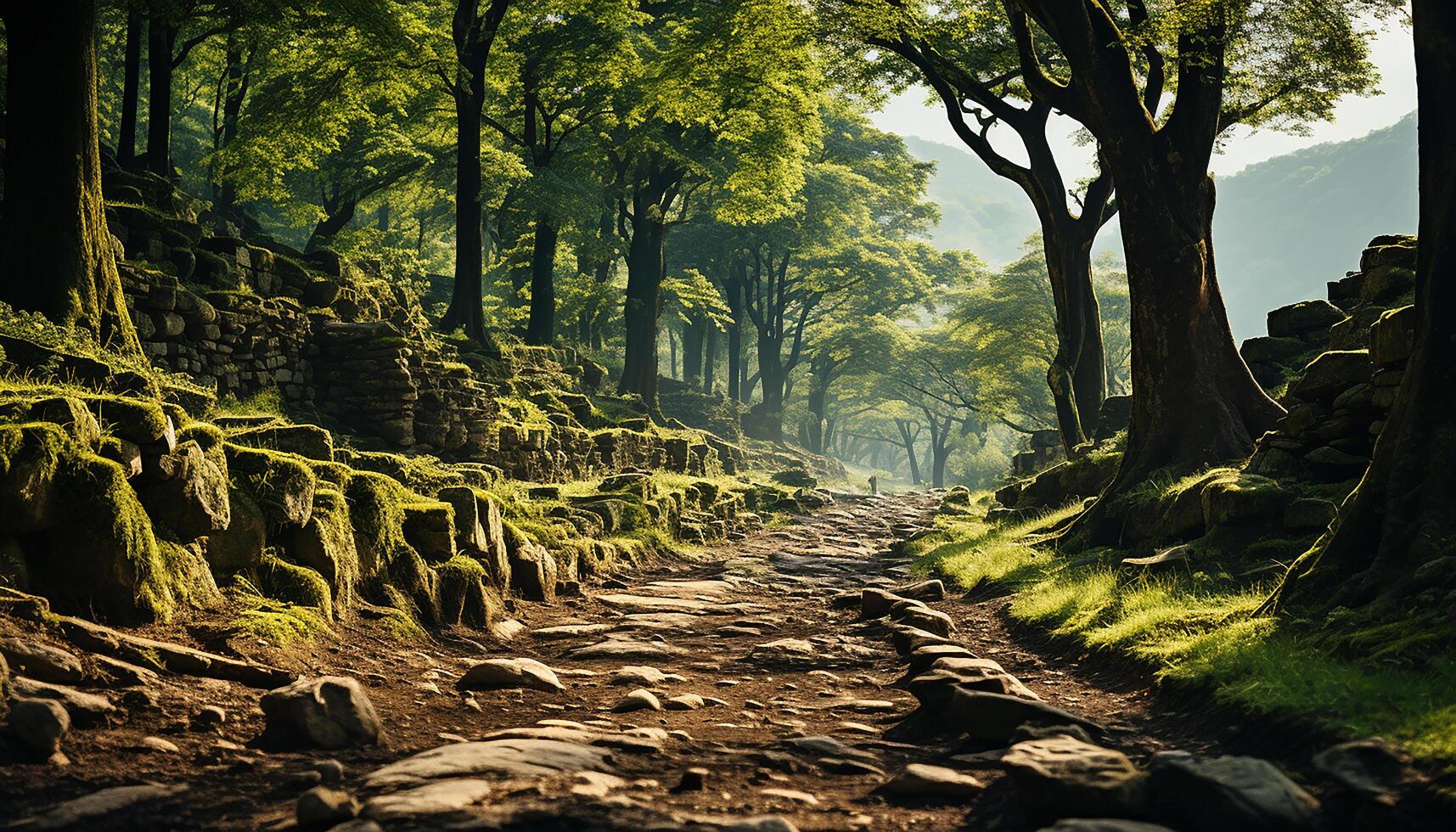 AI generated Tranquil forest path reveals the beauty of nature mystery generated by AI photo