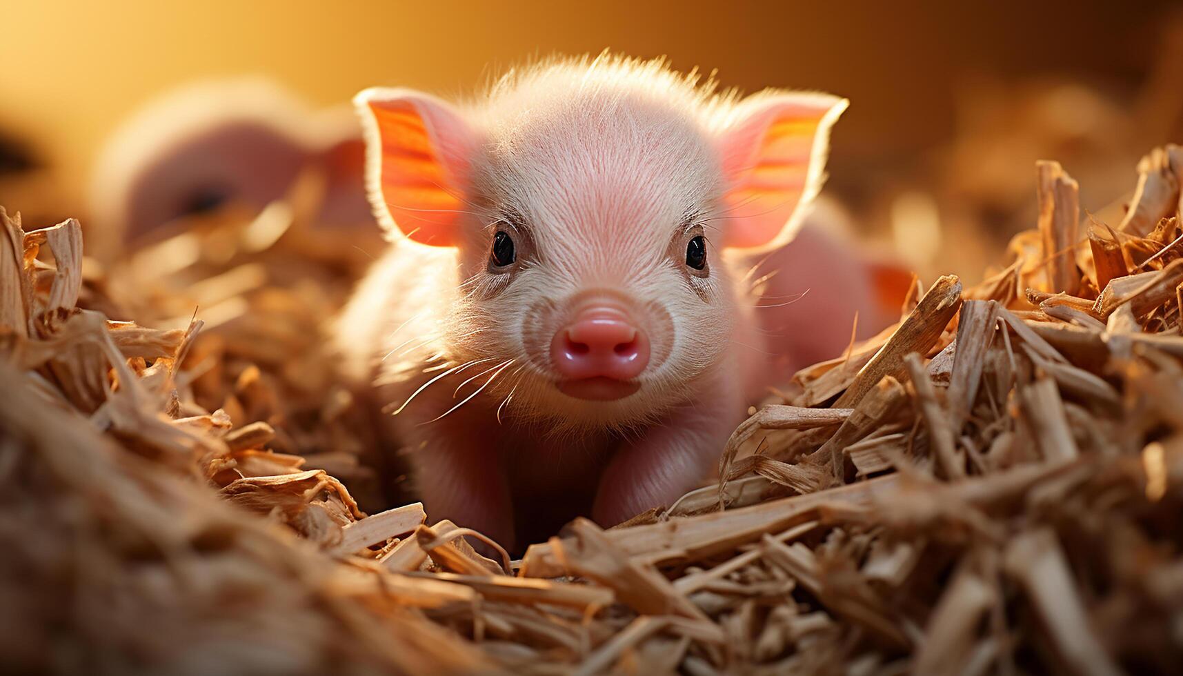AI generated Cute piglet on farm, surrounded by fluffy hay and straw generated by AI photo