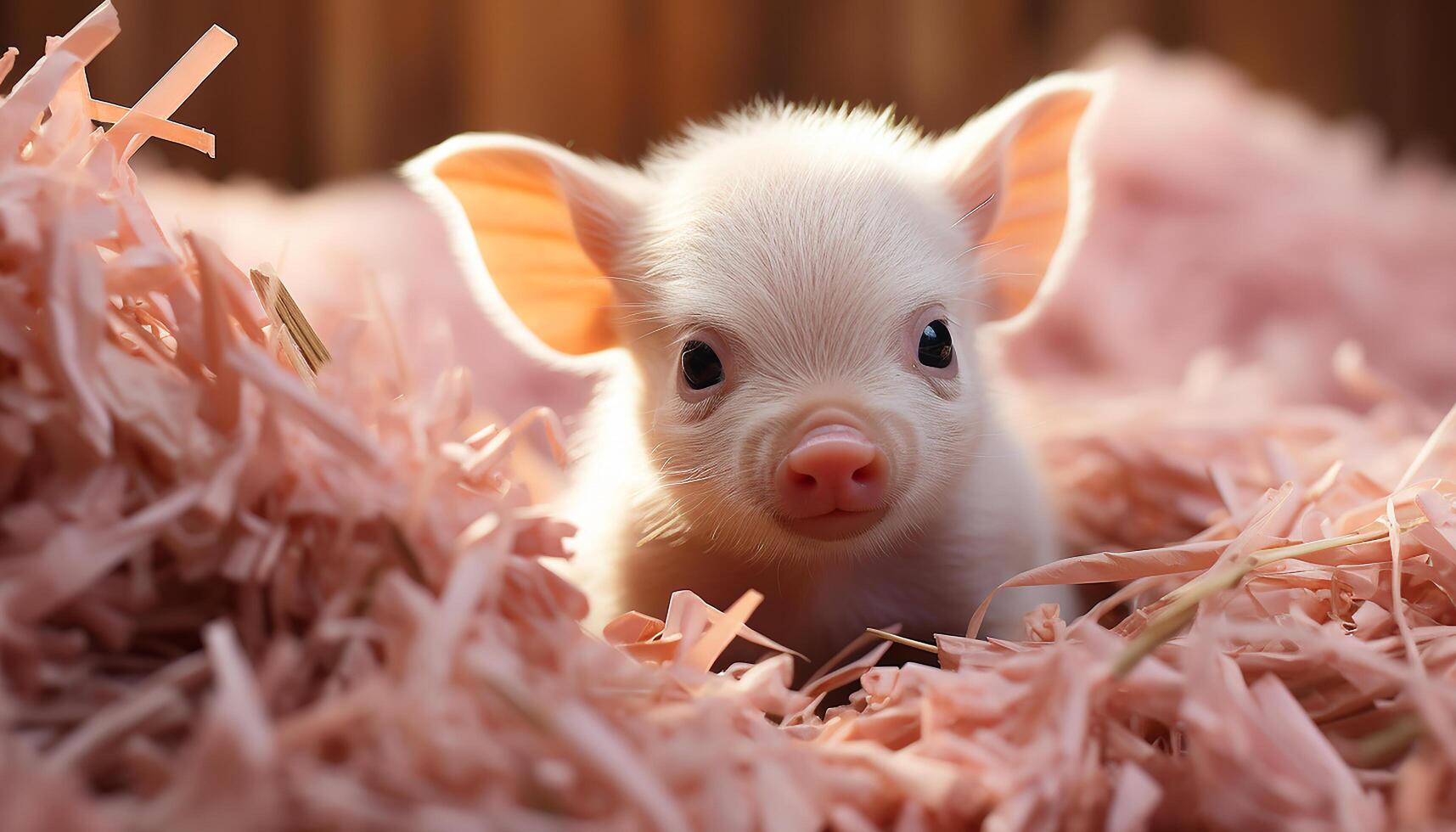 AI generated Cute puppy looking at fluffy piglet on the farm generated by AI photo