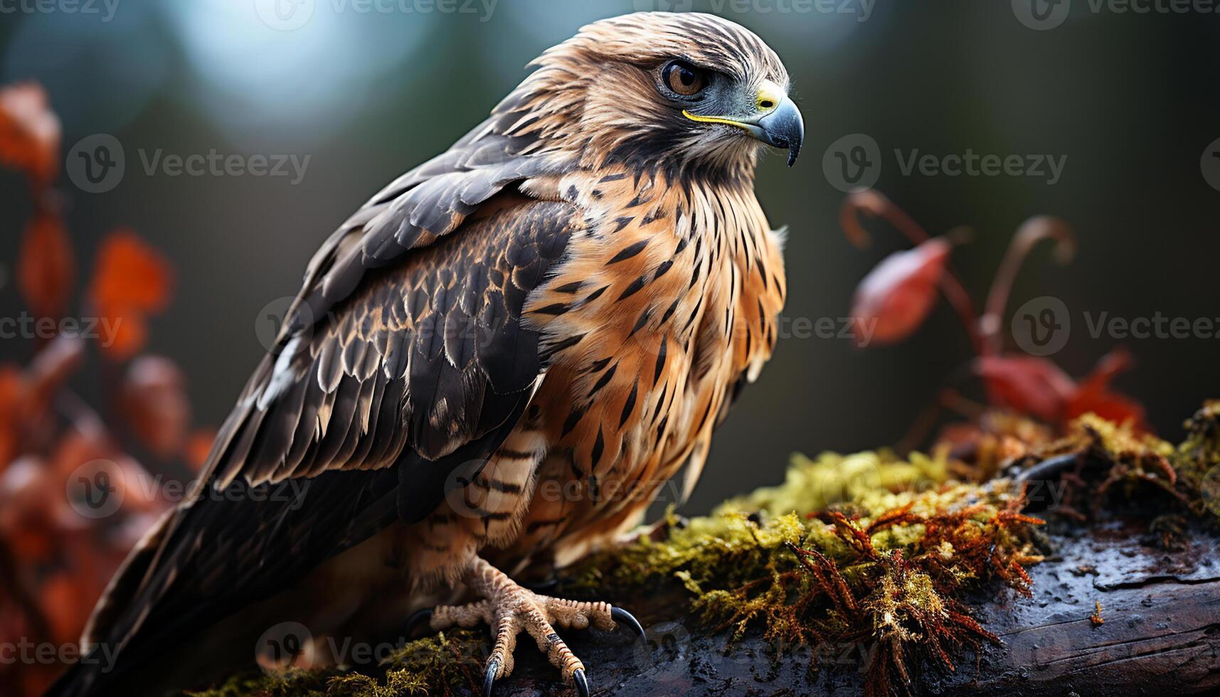 AI generated Majestic hawk perching on branch, looking at camera in forest generated by AI photo