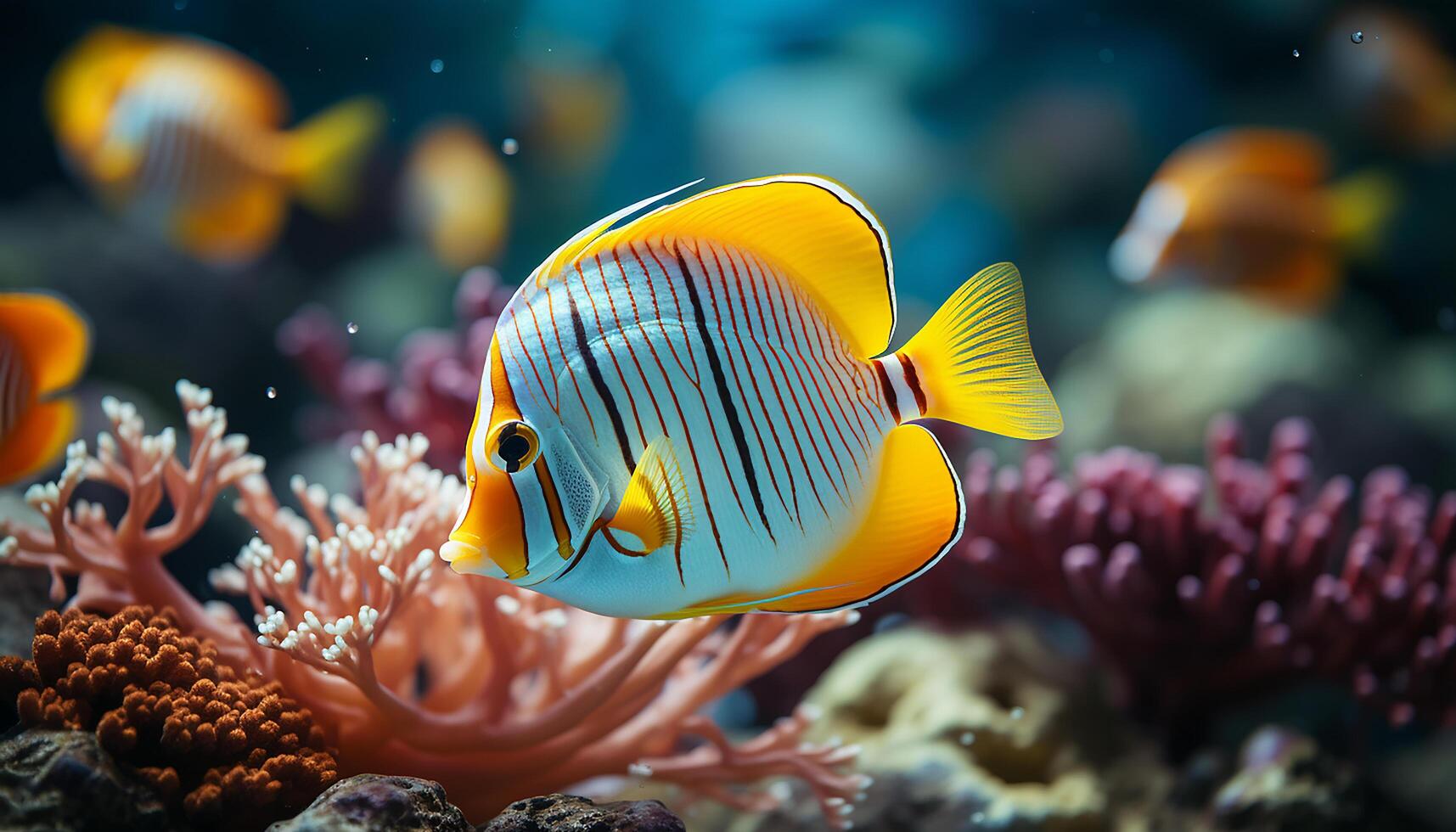 AI generated Vibrant clown fish swimming below the colorful coral reef generated by AI photo