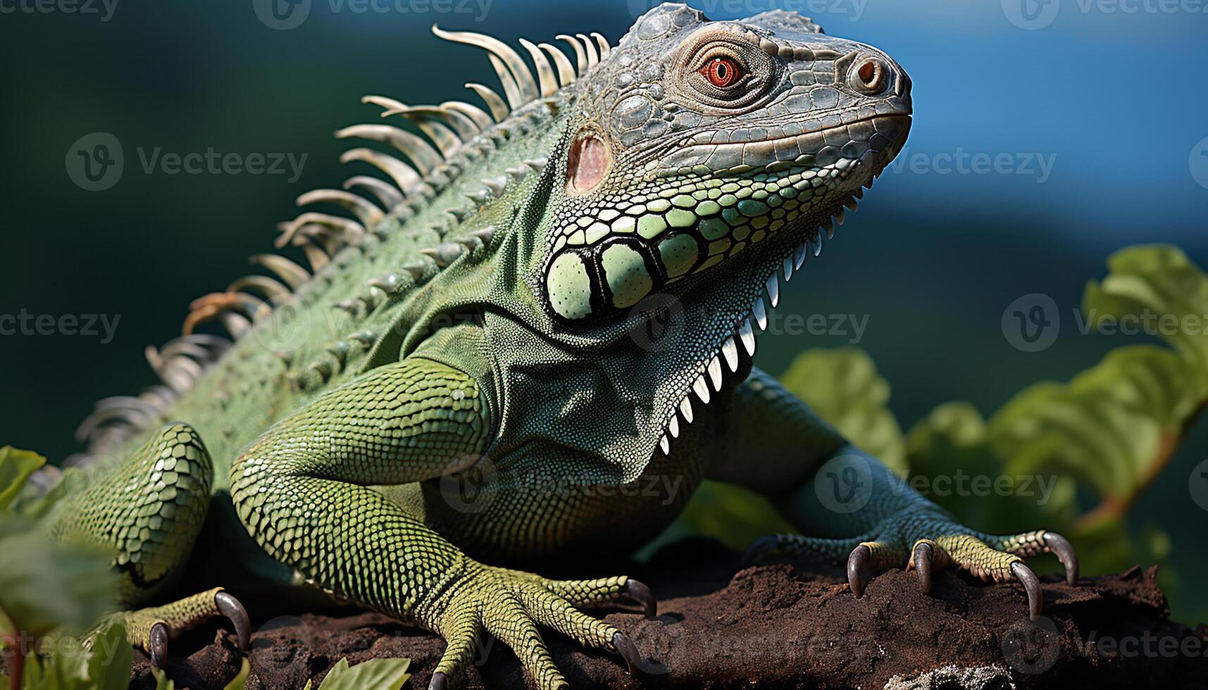 ai generado majestuoso verde iguana, un cerca arriba retrato de un continuar generado por ai foto